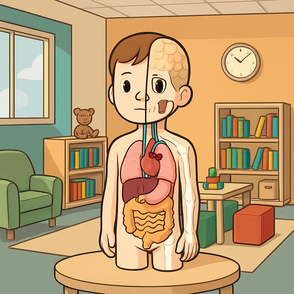 A cartoon boy in a room with a human body diagram inside is shown in the image.